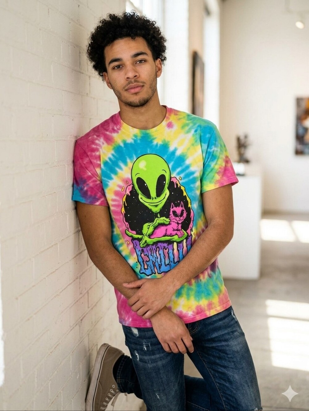 LML Issac Morris Tie-Dye Alien kitty cat "Chill" Graphic T-shirt Size M